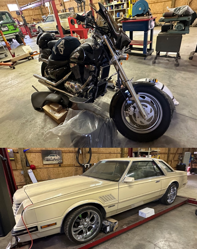 '81 Dodge Mirada '04 Suzuki Intruder Car Hauler Car Port Shop